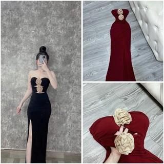 Đầm body Form dài cup ngực đính hoa xẻ tà cut out bụng chất thun Ladong nhập tôn dáng gợi cảm_Có mút ngực O