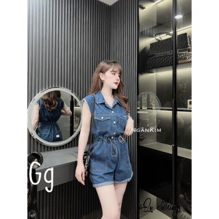 Jum jeans sát nách cổ bẻ đính nút rút dây dáng đùi