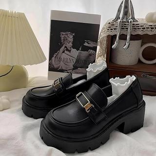Giày đốc nữ oxford Dextra màu đen da bóng da lì giày lolita búp bê đế cao 6 cm dễ phối đồ