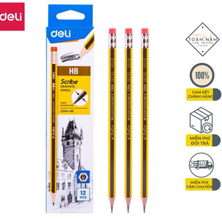 Bút chì gỗ sọc đen vàng hb 2b có tẩy deli - c004