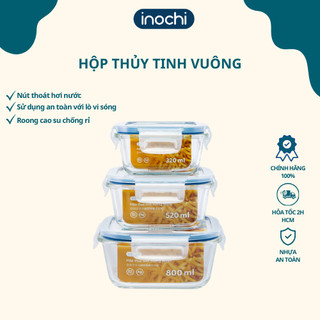 Hộp thủy tinh vuông inochi đựng thực phẩm , chịu nhiệt 400 độ C, an toàn lò vi sóng, máy rửa bát, đựng thức ăn đi làm