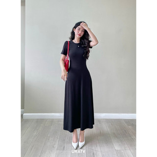 Đầm midi thun gân nữ cổ tròn tay ngắn dáng xòe URATV