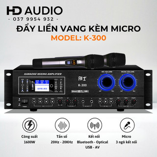 Đẩy liền vang kèm micro gunssi k300, k200, cục đẩy công suất liền vang có chống hú, công suất 1600w, optical, bluetooth