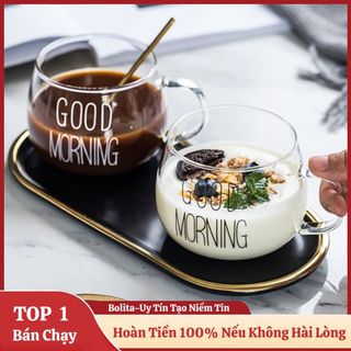 Ly thủy tinh dễ thương uống nước cute GOOD MORNING 350 ml Cốc thủy tinh chịu nhiệt có quai decor OUDECOR