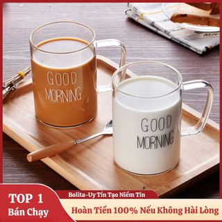 Ly thủy tinh chịu nhiệt uống nước dễ thương GOOD MORNING 400ml cốc thủy tinh cute trong suốt OUDECOR