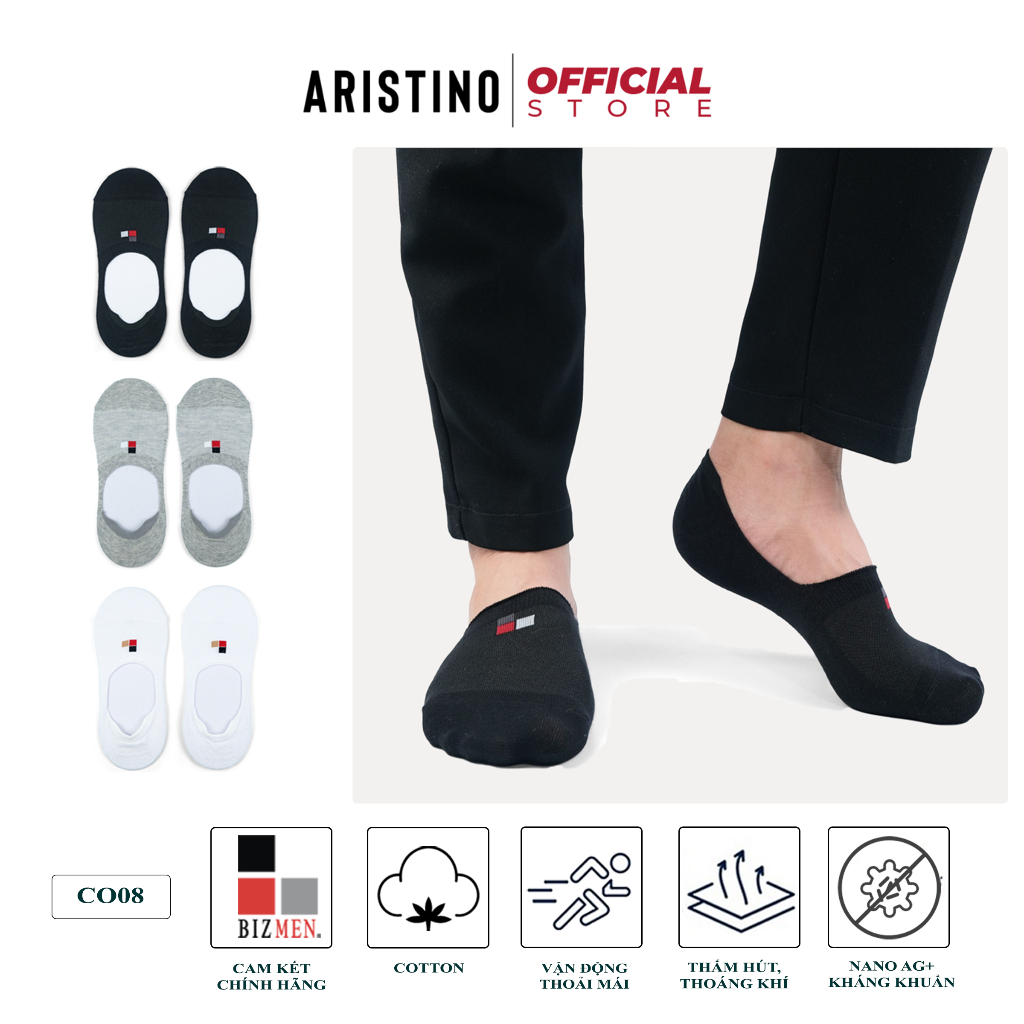 Tất nam giày lười ARISTINO BIZMEN cotton co giãn có silicon chống tụt gót chống trơn trượt thoáng khí khử khuẩn - CO08