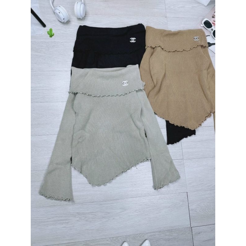 Áo thun gân len bẹt vai cổ bẻ☘️☘️☘️ VKV alohastore1