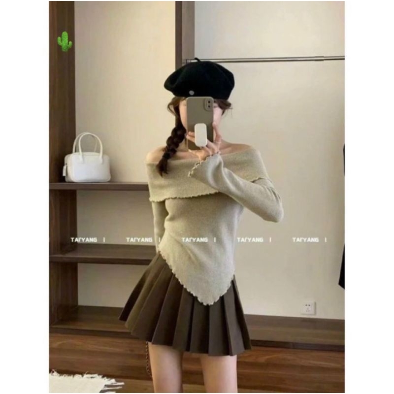 Áo thun gân len bẹt vai cổ bẻ☘️☘️☘️ VKV alohastore1