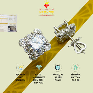 Khuyên tai nữ bạc xi bạch kim vuông xoàn nụ đá 7mm, Bông tai moissanite màu trắng, Màu xanh, Hoa tai bạc xi vàng trắng