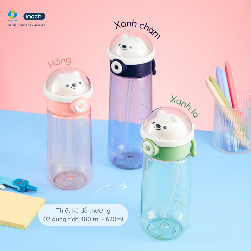 Bình nước INOCHI cho bé Có ống hút Kita Boo, nhấn nút là nắp mở, tiện lợi với…