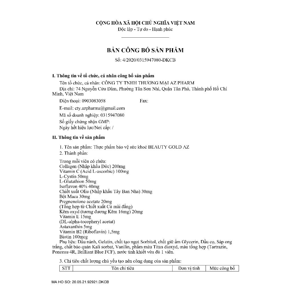 Chính Hãng Viên Uống Trắng Da Glutathion Beauty Gold AZ Dưỡng Trắng Da Mờ Thâm Nám Phục Hồi Da