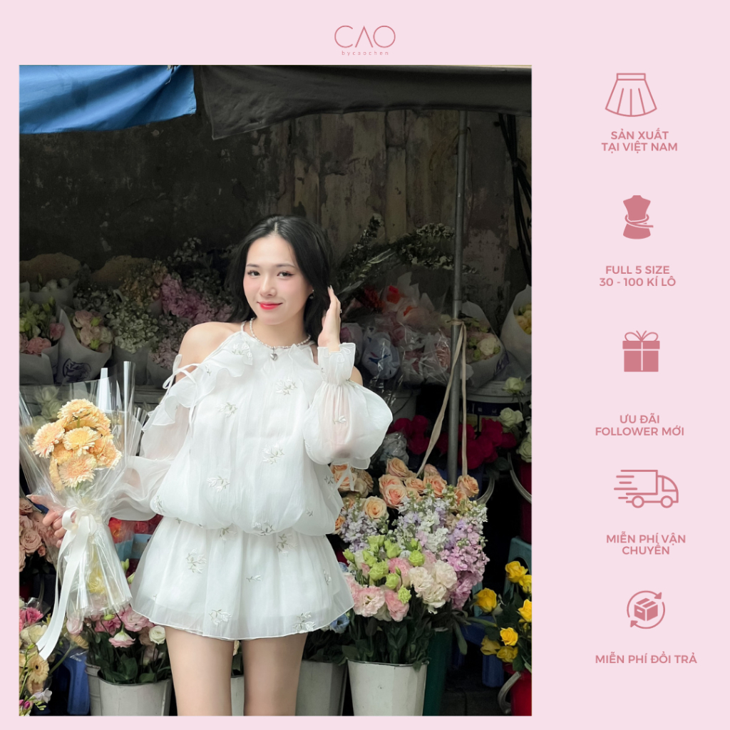 Bộ đồ đi chơi mia set thiết kế vải voan thêu hoa nổi có bigsize caocaobycaochen 2 màu trắng hồng