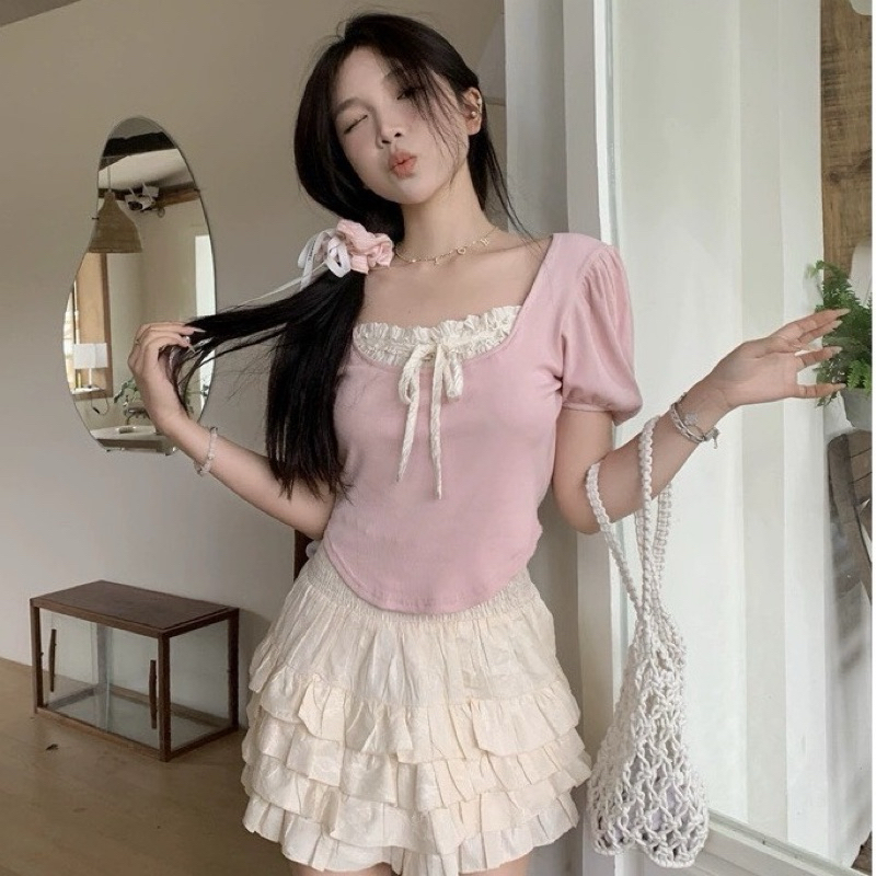 ÁO THUN CROPTOP PHỐI BÈO TRƯỚC CỘT NƠ H660 | BigBuy360 - bigbuy360.vn