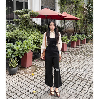 Set quần yếm cho nữ dáng xuông đính cúc phối áo sơ mi tơ cổ bèo