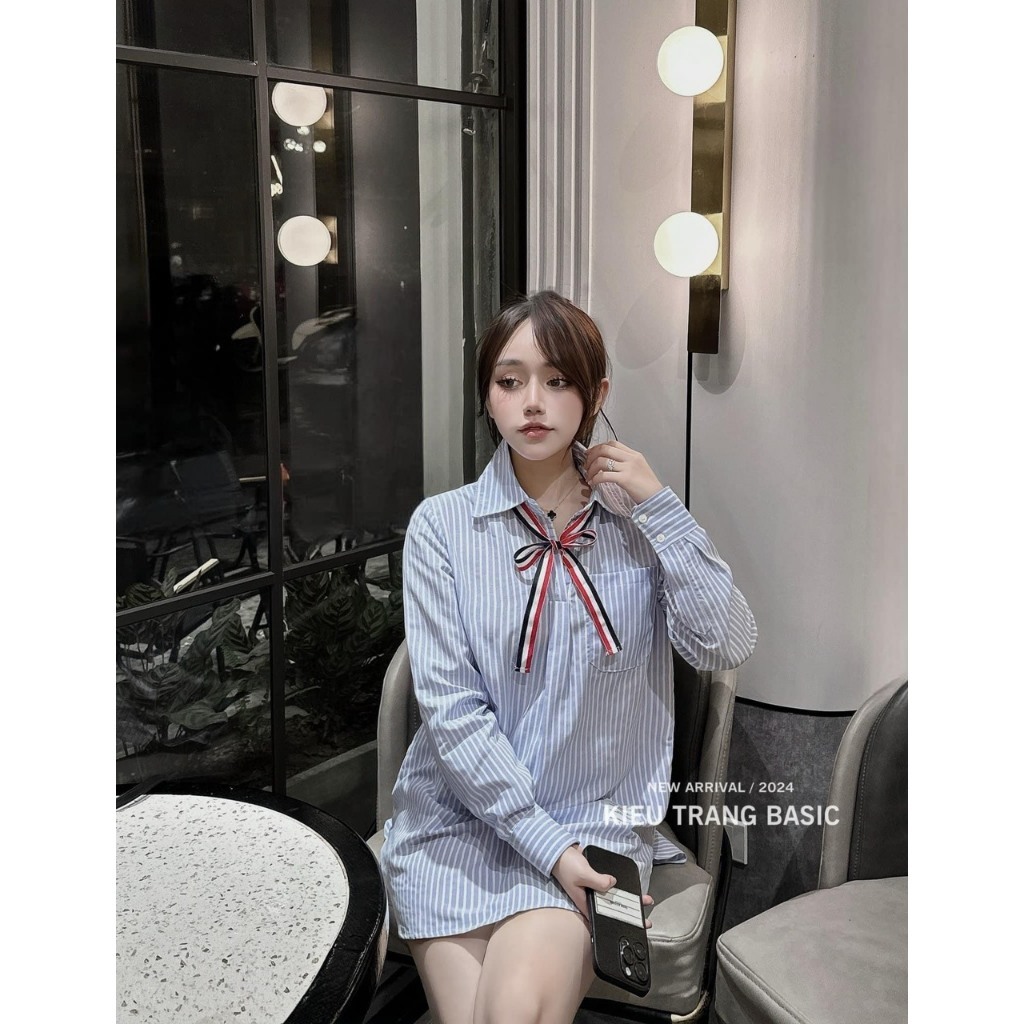 Áo Sơ Mi Nữ Kẻ Xanh Dài Tay Nơ Cổ Dáng Đẹp Vải Cotton Lụa Cao Cấp , Áo Sơ Mi Thom Hot Trend 2024 | BigBuy360 - bigbuy360.vn