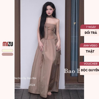 Váy Babydoll Trễ Vai Dự Tiệc Tiểu Thư Đính Hoa - Đầm Dáng Dài Maxi 2 Màu Nâu Be Kèm Đai Khăn - Vải Tơ 2 Lớp Mềm Mát BB