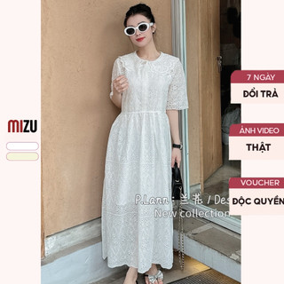 Váy Babydoll Hoa Thêu Tiêu Thư Cổ Tròn Sen Cộc Tay Xinh - Đầm Dáng Maxi Be Trắng Có Bigsize -Vải Boi 2 Lớp Mềm Mát PL