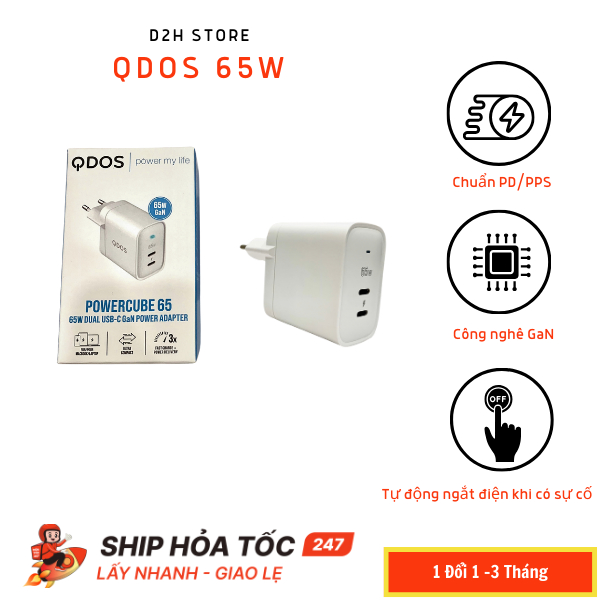 Củ sạc nhanh QDOS 65W GAN 2 cổng type C, PD/PPS