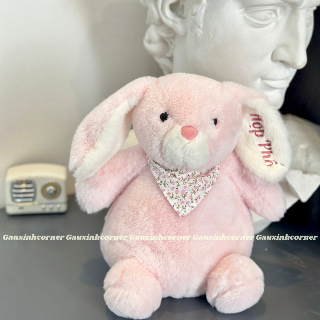 Thỏ bông hồng bụng béo lông mềm cao cấp kèm yếm hoa dễ thương thú nhồi bông đồ chơi quà tặng cho bé
