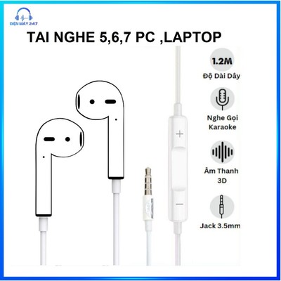Tai nghe có dây nhét tai jack 3.5mm màu trắng, fullbox, có micro đàm thoại tích hợp dành cho máy 5/6/Laptop/PC/Máy Tính