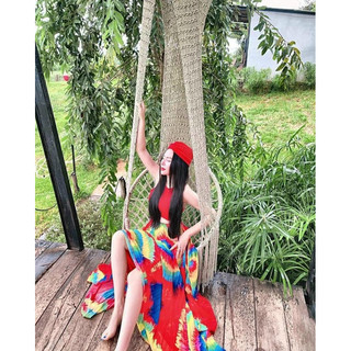 Set áo croptop đỏ 2 dây cổ yếm hở lưng + chân váy dài xếp ly hoạ tiết thổ cẩm, maxi đi chơi du lịch chụp hình sang trọng