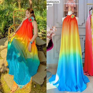 Maxi thiết kế loang màu 2 dây to cổ yếm hở lưng đính hoa, đầm dài lụa chiffon đi chơi biển du lịch sang trọng quý phái