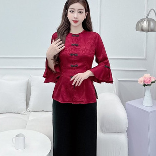 Đồ bộ áo bà ba nữ quần dài set bà ba ống rộng đồ lam đi chùa -cn109