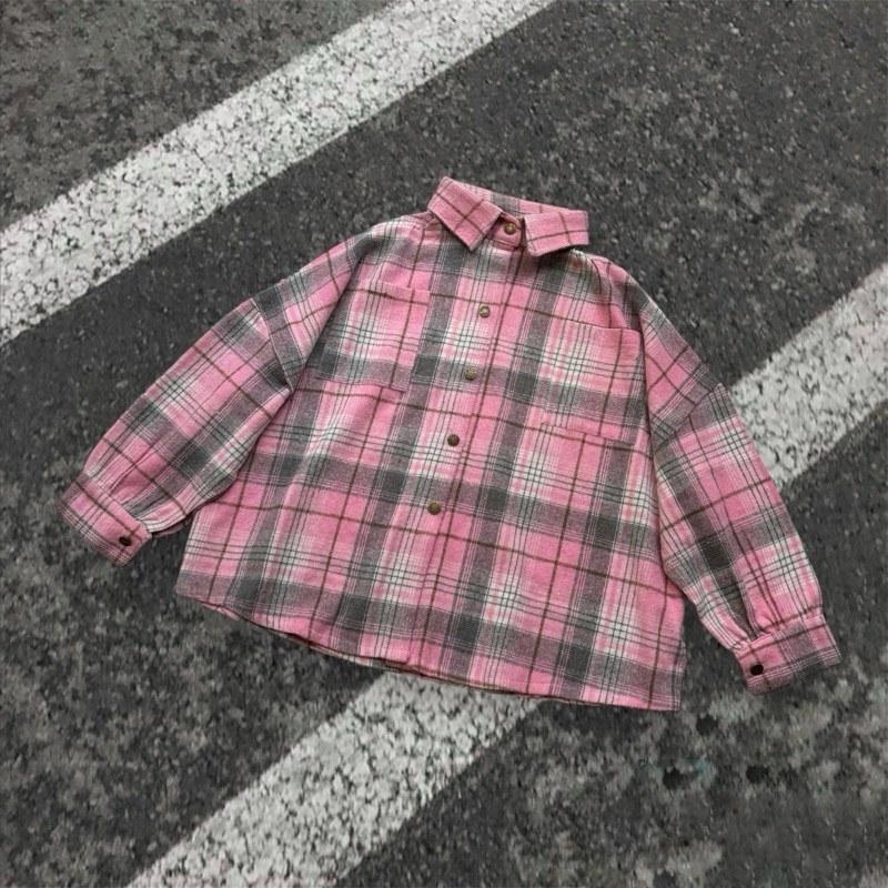 Áo Sơ Mi Kẻ Sọc Caro Pink Flannel Shirt Jacket Form Rộng, áo khoác nam nữ hot trend