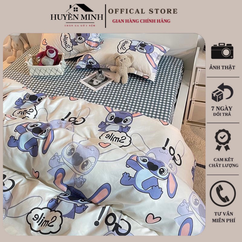 Bộ Chăn Ga Gối Stich Trắng Poly Cotton Cao Cấp - Bộ Chăn Ga Gối Đệm 5 Món