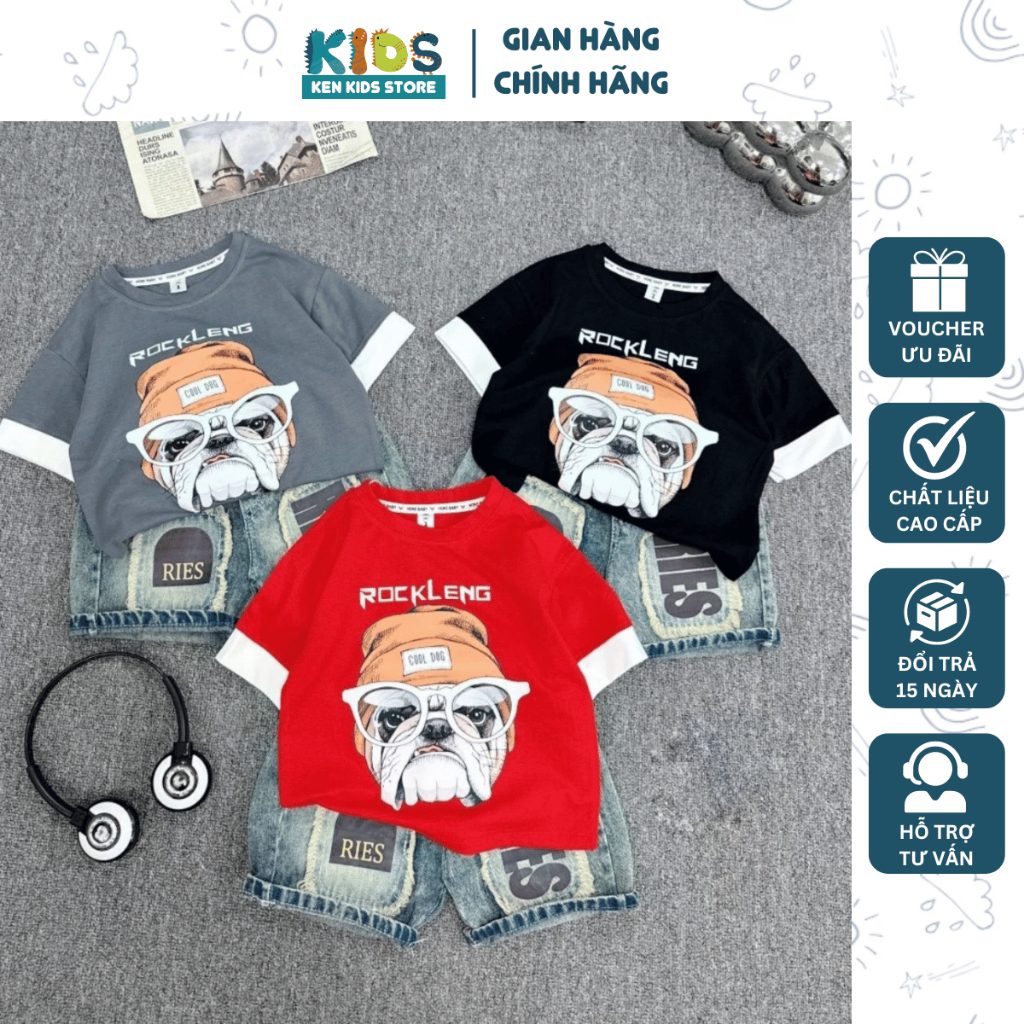 Set đồ quần áo bé trai 2-8 tuổi (9-24kg) áo thun cộc tay cổ tròn P.U.G, quần Jean short lửng thời trang | KEN KIDS