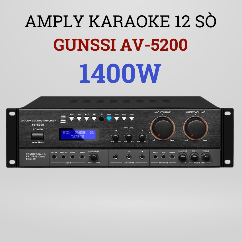 Amply đẩy liền vang 12 sò Gunssi AV 5200 công suất cực khủng 1400W, âm ly karaoke bluetooth, hát kar