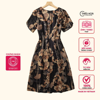 Đầm Trung Niên chất liệu Lụa Satin cao cấp dấng suông dễ mặc, thanh lịch thương hiệu Thiều Hoa DD3L1030