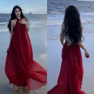 Maxi lưới đỏ 5 lớp cổ yếm hở khoét lưng sâu, đầm dài hotgirl thời trang đi biển du lịch chụp hình sang trọng quyến rũ