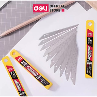 Lưỡi dao rọc giấy deli thép sk5 sắc bén, không rỉ, cỡ nhỏ loại 13 lưỡi - 10 chiếc/hộp bền thiết kế dễ sử dụng nhỏ gọn