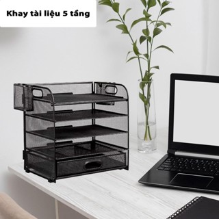 Kệ đựng hồ sơ tài giấy tờ kim loại để bàn 5 tầng kèm khay đựng dụng cụ bút thước gôm ghim bấm kéo tiện dụng thông minh