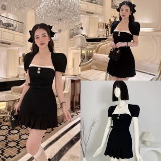 Váy đầm cúp ngực,cổ chữ U hở lưng phía sau, cộc tay chân váy xếp ly buộc nơ phía sau thiết kế sang trọng cao cấp
