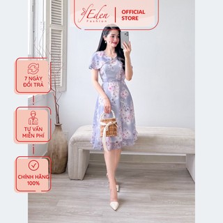 Đầm xòe họa tiết hoa cổ v thời trang Eden - D512