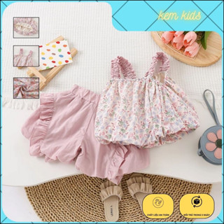 Quần áo trẻ em,set hè bé gái KEMKIDS set 2 dây hoa hồng quần bèo phồng bí ngô từ 8-21kg