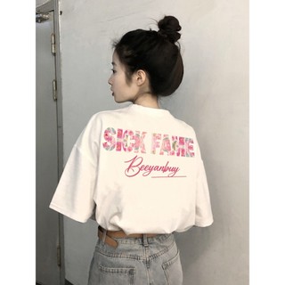 Trắng ấo phông nữ form rộng cổ tròn hàn quốc in ấn 100%cotton thư áo thun tay ngắn focus local brand