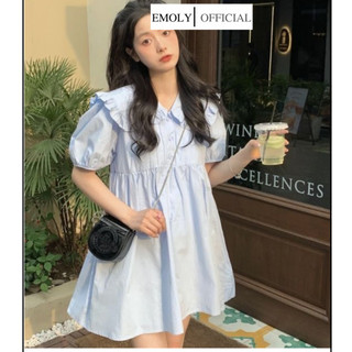 Váy babydoll, Đầm tay phồng cổ búp bê màu xanh dương màu trắng dành cho nữ