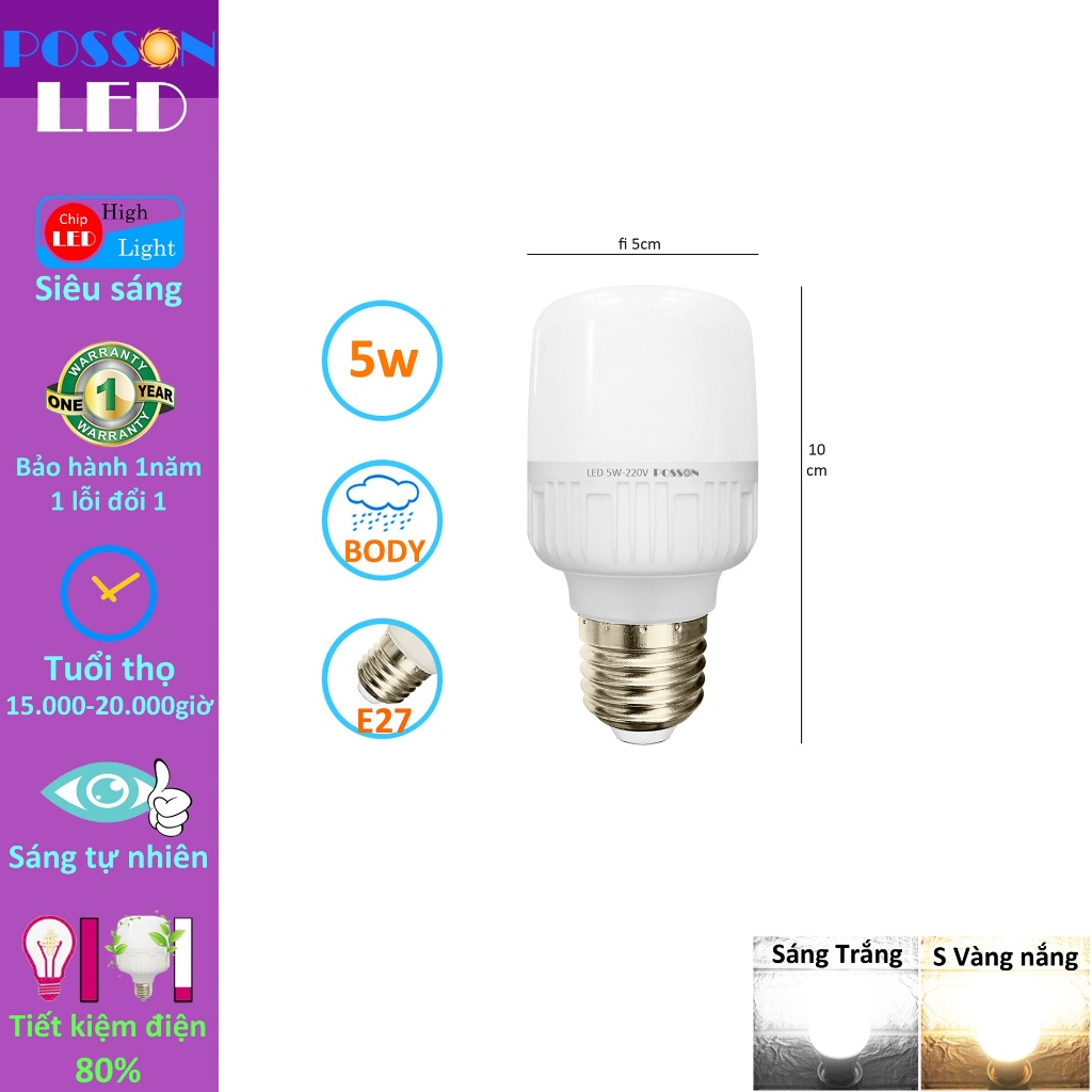 10 Bóng đèn Led trụ 5w bup trụ T50 tiết kiệm điện thân kín chống nước mưa trang trí ngoài trời Posson LC-5x