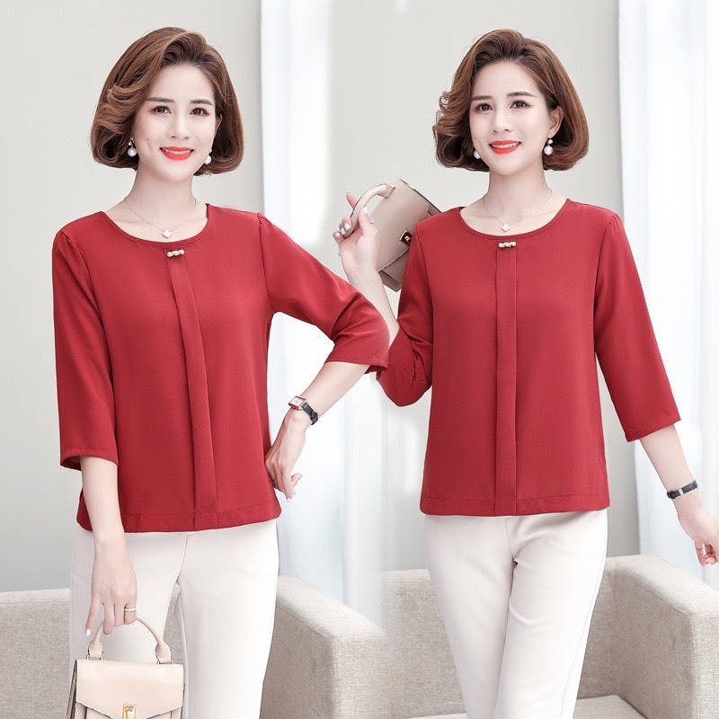 Áo Nữ U30 U40 U50 Cổ Đính 3 Cúc Ngang Kiểu Dáng Sơ Mi_ Áo Cho Mẹ