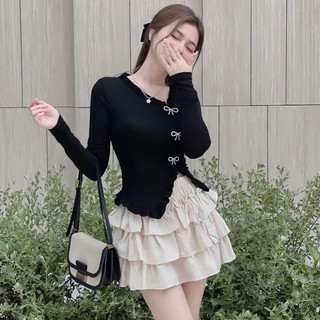 Set áo cổ bèo xẻ vạt kèm nơ đá + chân váy đũi 3 tầng có quần trong mnp