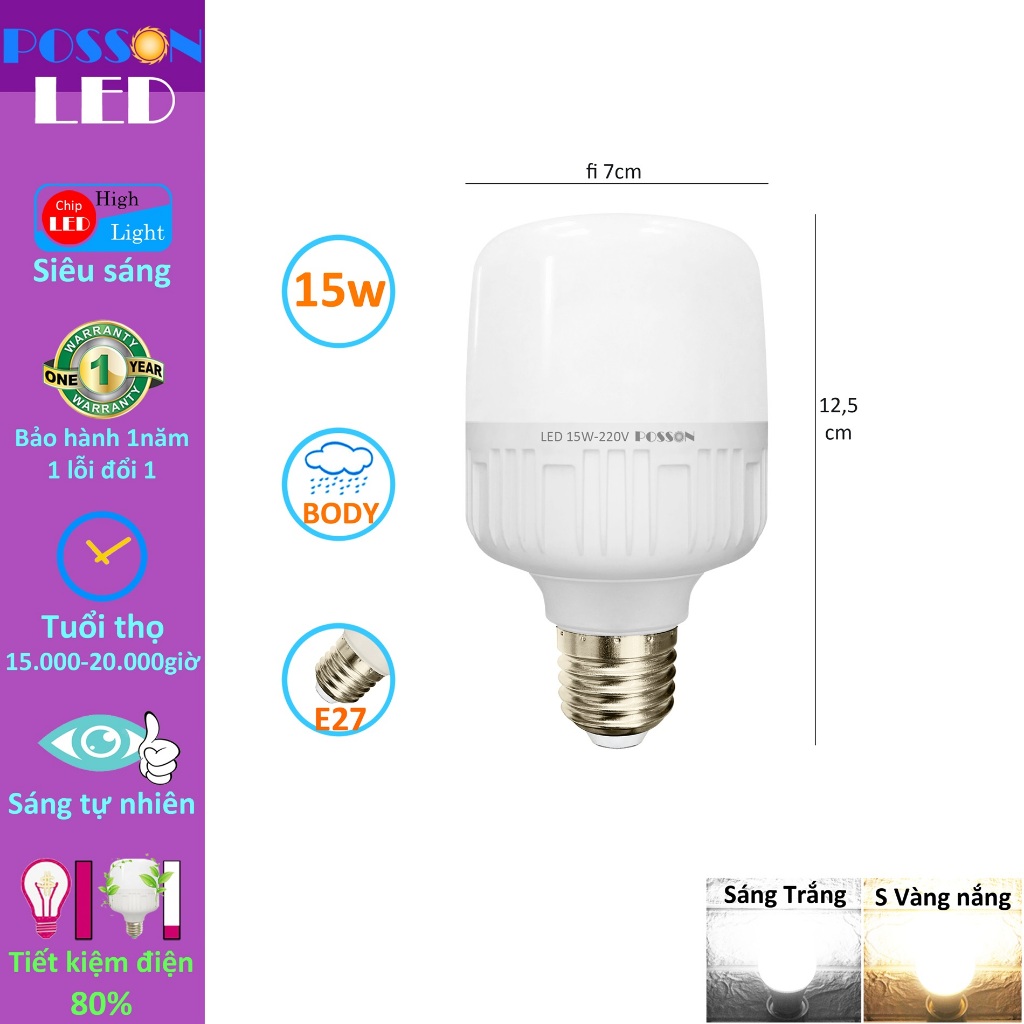 10 Bóng đèn Led trụ 15w bup trụ T70 tiết kiệm điện siêu sáng thân kín chống nước mưa LC-15x