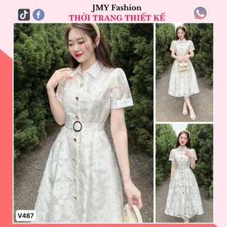 V487 Váy đầm sơ mi trắng kem gấm hoa dáng xòe dài công sở [TH Hà Thanh] váy gấm trắng kem hoa nổi (tặng kèm đai)