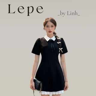 LEPE BY LINH - Váy liền tuyết nhung đơn sắc pha cổ Đức trắng hàng thiết kế Harley