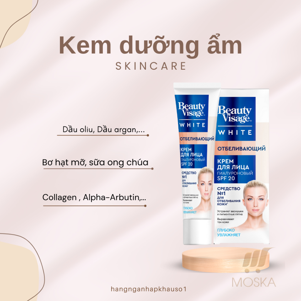 Kem Dưỡng Trắng Da Mặt, Nâng Tone Da và Bảo Vệ Da SPF 20 Beauty Visage White Nga 45ML| Moska shop