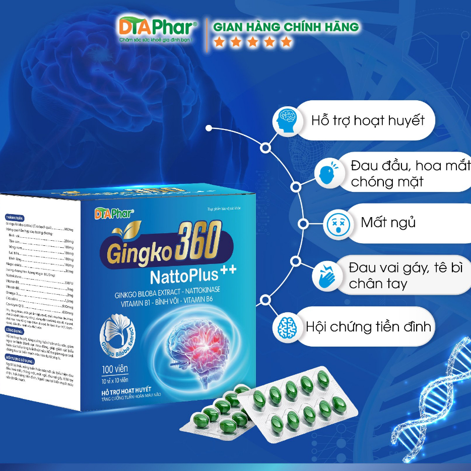 Viên uống GINKGO 360 Natto Plus hỗ trợ hoạt huyết dưỡng não tăng cường tuần hoàn máu não h100v