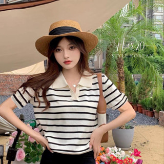 (CÓ SẴN) Áo dệt kim mỏng tay ngắn sọc kẻ ngang, Áo Polo Basic phong cách thời trang Hàn Quốc ALCT107
