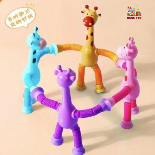 Đồ chơi Lò xo hươu cao cổ có ống hút dính, hươu lò xo kéo dãn đèn sáng